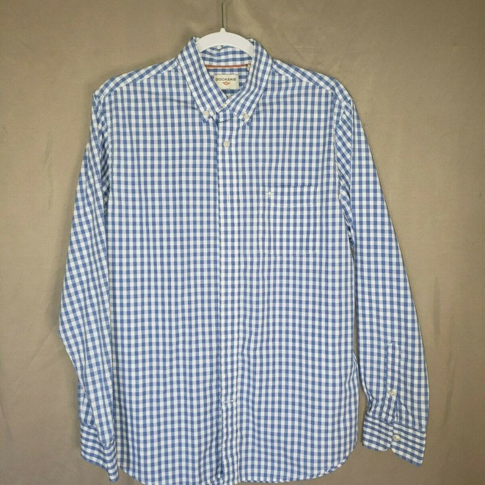 Dockers Men's Medium Long Sleeve Blue/White Plaid Shirt